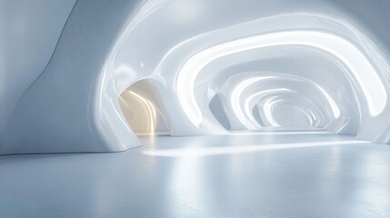 Obraz premium Abstract smooth white interior design of a futuristic space with backlighting Night view architectural background featuring 3D rendering