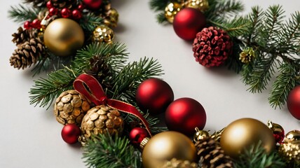 Festive Christmas decorations featuring red and gold ornaments with pinecones and greenery laid out on a table ready for holiday celebrations