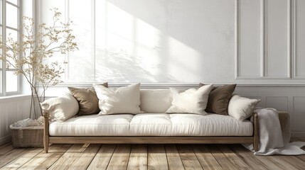 Minimalist living room interior featuring a sofa on wooden flooring wall decor and a white landscape visible through the window 3D rendering of a Nordic inspired design