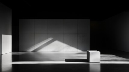 A minimalist interior space features a solitary gray cube illuminated by soft shadows, This evocative image can be used in design projects, art concepts, or as a background for contemplative themes,
