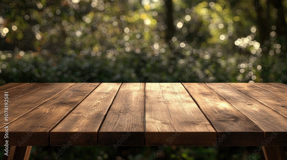 Poster 3d rendering of an empty wooden brown table with a blurred garden bokeh background ideal for product