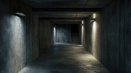 Empty interior of a dark basement with concrete walls 3D rendering of architectural background