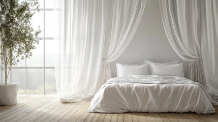 Minimalist white bedroom interior featuring a double bed on wooden flooring decorated large wall and curtains framing a white landscape in the window 3D rendering