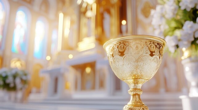 3D rendering of a wedding ceremony in an Orthodox Church featuring interior design elements including a golden cup with holy water