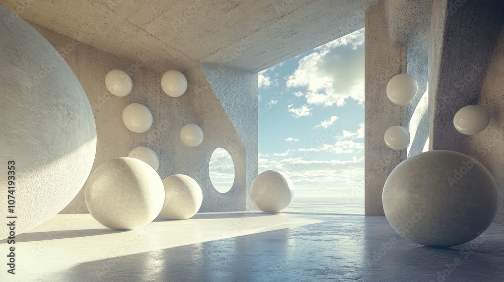 Poster abstract architectural interior design featuring an array of spheres and large windows in a 3d rende