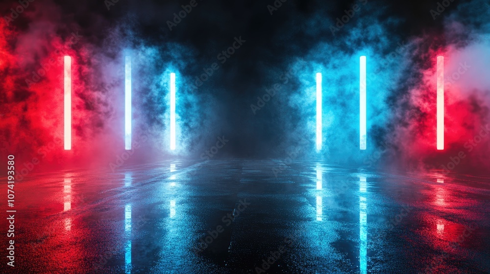 Poster 3d rendering of an empty background scene with the dark reflection of a street on wet asphalt featur