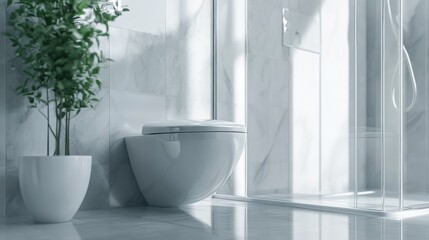 Fototapeta premium 3D rendering of a modern bathroom featuring a toilet bowl and glass shower cabin in a stylish apartment interior