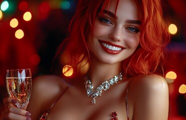Beautiful woman with red hair in tight dress holding champagne glass, smiling, dark background