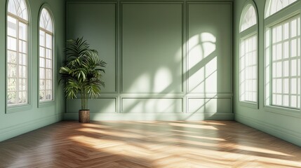 3D rendering of an empty room featuring light green walls oak parquet flooring and reddish wood accents