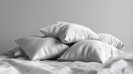 3D rendering of a pile of monochrome pillows on the edge of a bed