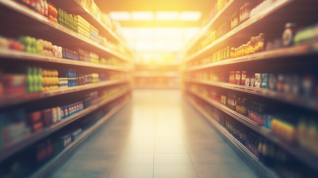 3D rendering of a blurred empty aisle showcasing diverse products on shelves in a minimarket with a vintage tone effect
