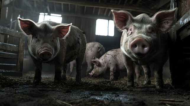 cerdos en un corral en un chiquero sobre lodo y tierra mojada puerco mirando a la camara granja de cerdos animales domesticos de granja