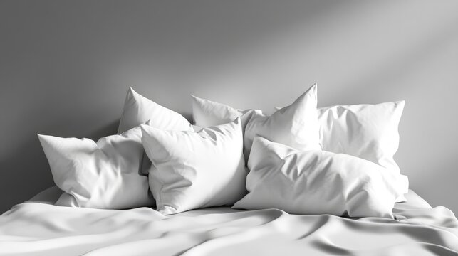 3D rendering of a pile of monochrome pillows on the edge of a bed