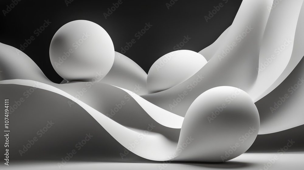 Poster dynamic abstract interior featuring smooth white objects against a black backdrop 3d rendering and i