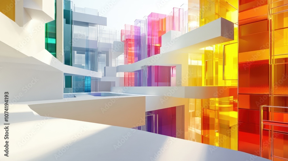Poster 3d rendering of an abstract multilevel public space featuring white and colored gradient glass eleme