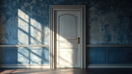 3D rendering of an antique interior door illuminated by dappled light