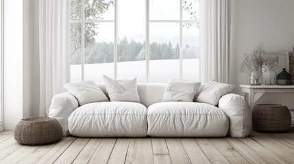 Fototapeta premium Minimalist white living room interior featuring a sofa on wooden flooring adorned with decor on a spacious wall and a white landscape visible through the window 3D rendering of a Nordic style home