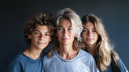 Serious mother with her two teenage children, son and daughter, standing closely together against a dark background, capturing a sense of strength, unity, and introspection