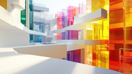 Fototapeta premium 3D rendering of an abstract multilevel public space featuring white and colored gradient glass elements and windows