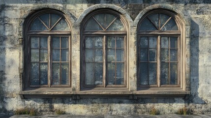 3D rendering of vintage wooden windows on the wall of an antique structure