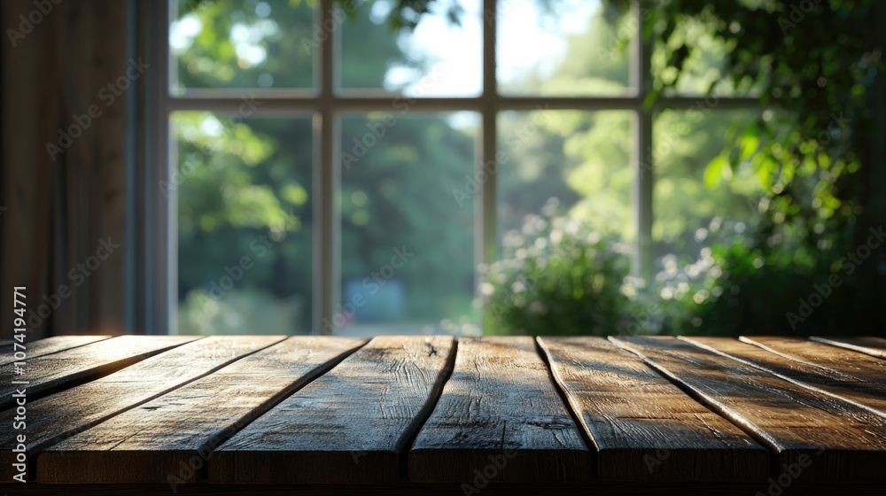 Poster 3d rendering of a wooden table surface with a blurred window background for product display or key v