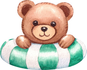 Hand-drawn Cute Brown Bear holding onto a floatie Watercolor