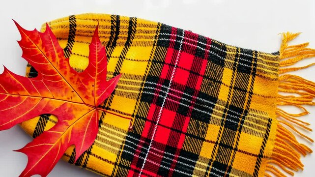 A red maple leaf rests on a yellow, red, and black plaid scarf