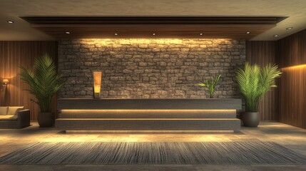 Fototapeta premium 3D rendering of a hotel reception area featuring a reception desk