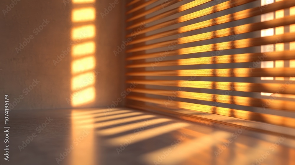 Poster 3d rendering of evening sunlight filtering through wooden window blinds creating patterns of light a