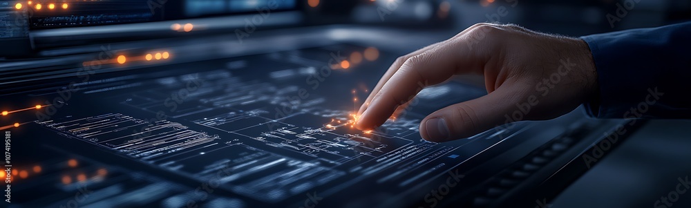 Aufkleber A hand interacts with a digital interface filled with glowing data, highlighting advanced technology and user engagement.