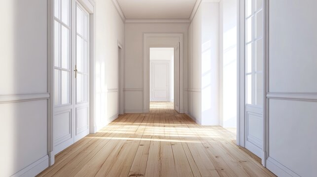 3D rendering of a modern apartment interior featuring a bright and cozy atmosphere showcasing general cleaning home decor and corridor renovation with room doors