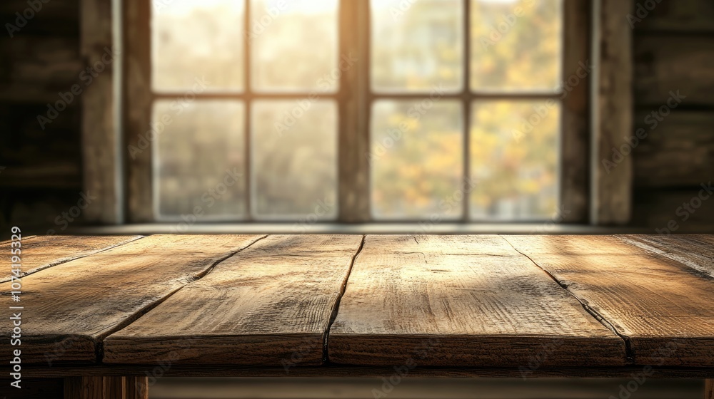 Poster 3d rendering of a wooden table surface with a blurred window background for product display or key v