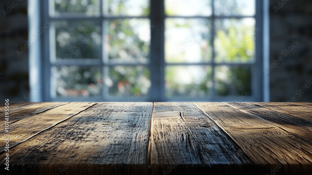 Poster 3d rendering of a wooden table surface with a blurred window background for product display or key v