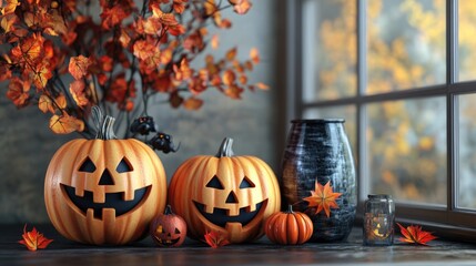 Obraz premium 3D rendering of a decorative still life with Halloween pumpkins