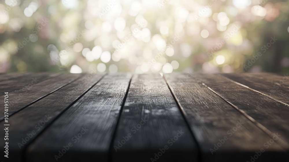 Poster 3d rendering of an empty dark wooden table with an abstract blurred bokeh background ideal for showc