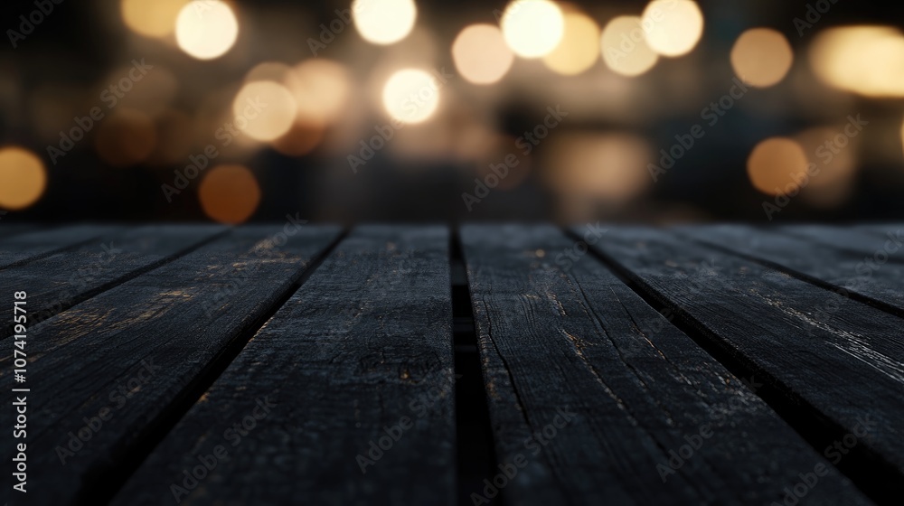 Poster 3d rendering of an empty dark wooden table with an abstract blurred bokeh background ideal for showc