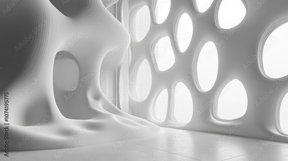 Poster abstract white parametric interior with a window in a 3d rendering