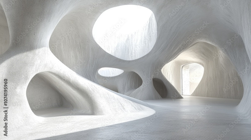 Poster 3d rendering of an abstract parametric interior featuring white and concrete elements with a window