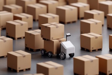 Fototapeta premium A small robotic vehicle transporting boxes among numerous cardboard packages in a warehouse setting.