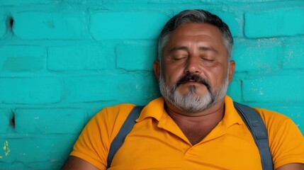 A man resting with his eyes closed against a turquoise brick wall during a sunny afternoon in a vibrant urban setting