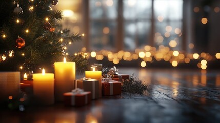 3D rendering of a festive interior featuring candles bulbs and bokeh adorned for a Christmas celebration with a Christmas tree and gifts