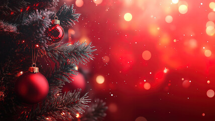 Christmas tree with ornaments on a red background, featuring abstract defocused lights