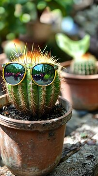 A cactus wearing sunglasses sits in a terracotta pot outdoors