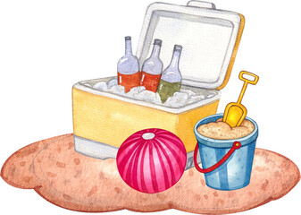 Hand-drawn Ice Bucket with Chilled Drinks, Scoop, and Pink Ball, Watercolor