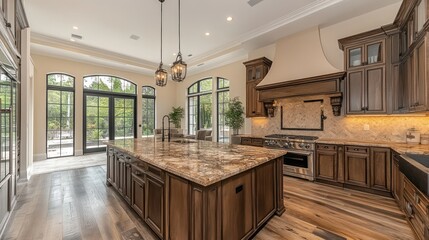 Modern kitchen with large island, hardwood floors, and a view of the backyard.