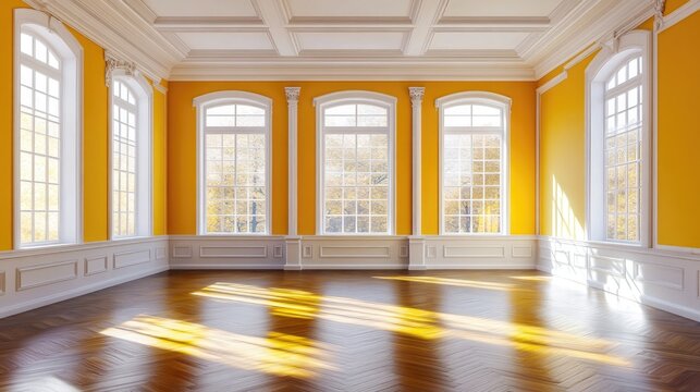 3D rendering of an unfurnished interior concept featuring a yellow room with a white ceiling and cornice glossy herringbone parquet flooring two large windows and a white plinth 8K Ultra HD 7680x4