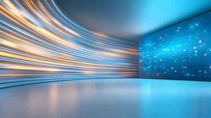 Futuristic conference hall with blue lighting and large screen