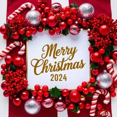 Marry Christmas banner concept. White board with text Marry Christmas 2024 among christmas red decor, balls, berries,striped candy canes,stars on red background, top view, generative Ai 
