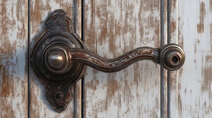 Obraz premium 3D rendering of a vintage metal door handle on an aged door