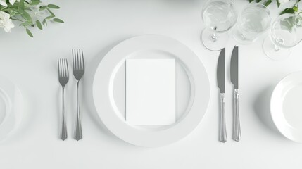 3D rendering of a table setting featuring a blank guest card on an empty white plate with cutlery on the table and ample copy space Menu mockup and place setting designed for a wedding reception